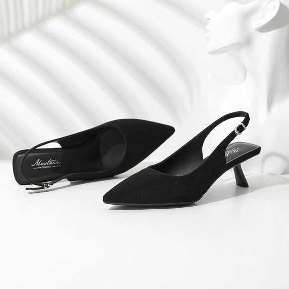 Mostrin Kitten Heel Black Suede Low Slingback Heels with Buckle Dress Shoes - Picture 6 of 9